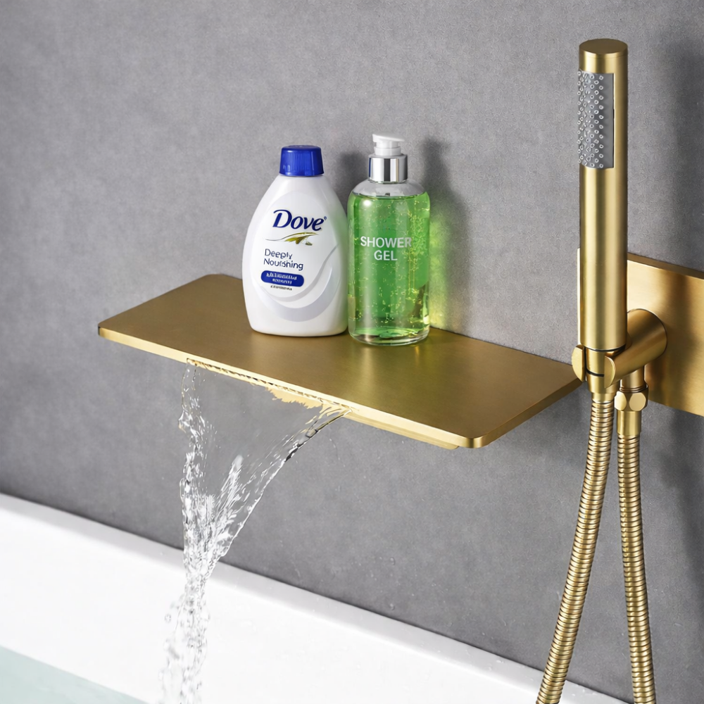 Auréa Cascade Pro – Ensemble bain-douche mural avec cascade et douchette disponible en doré, acier brossé ou noir