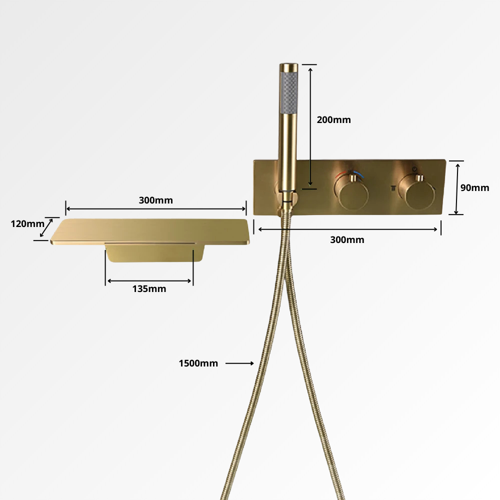 Auréa Cascade Pro – Ensemble bain-douche mural avec cascade et douchette disponible en doré, acier brossé ou noir