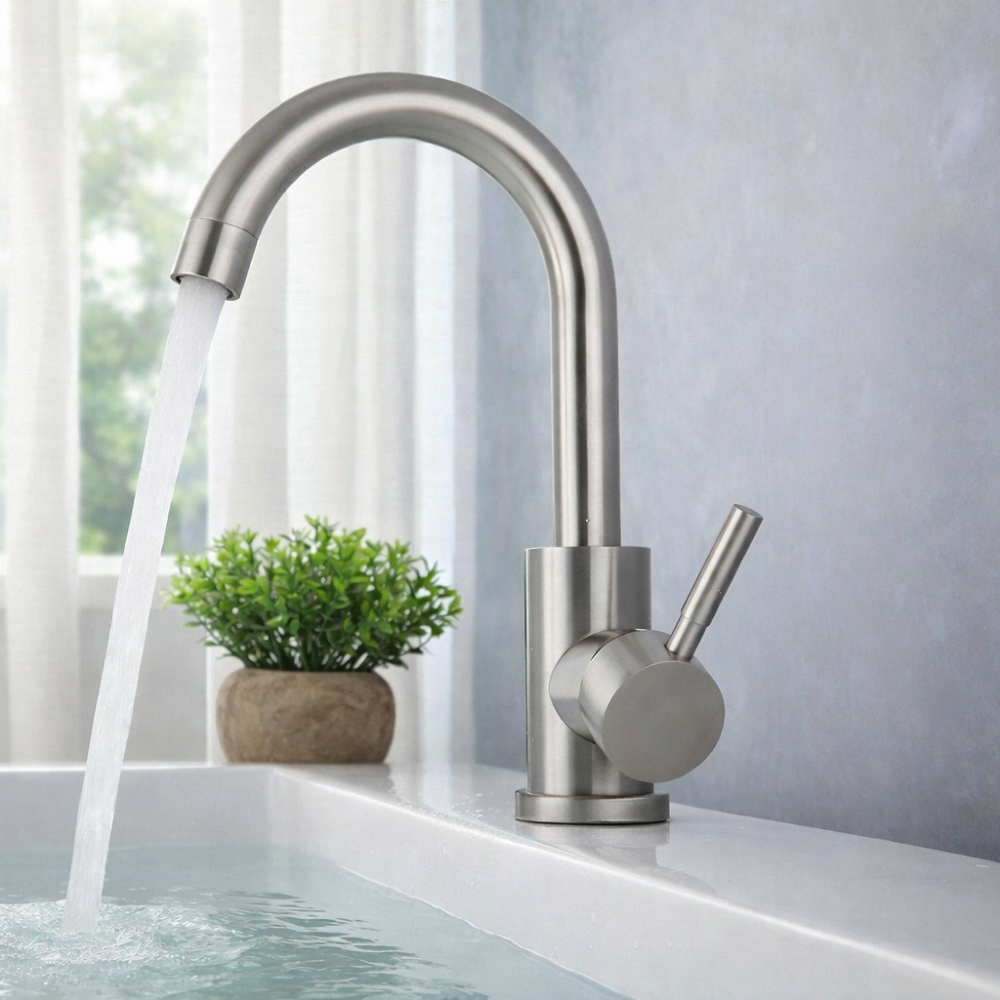 ClearArc – Mitigeur lavabo design en inox brossé à bec arrondi