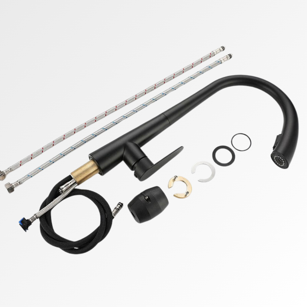 StealthArc Flow – Mitigeur cuisine noir télescopique avec douchette intégrée