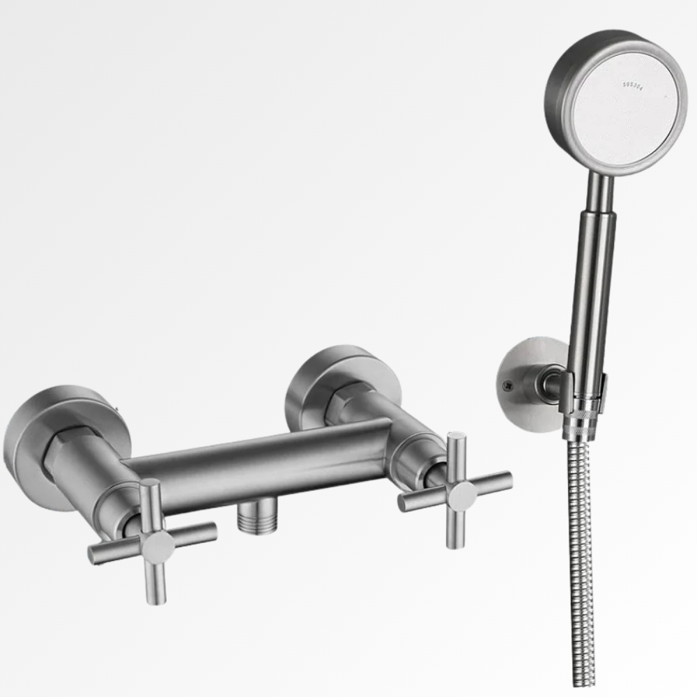 Inoxa Cross – Mitigeur de douche mural en inox 304 brossé à poignées croisées