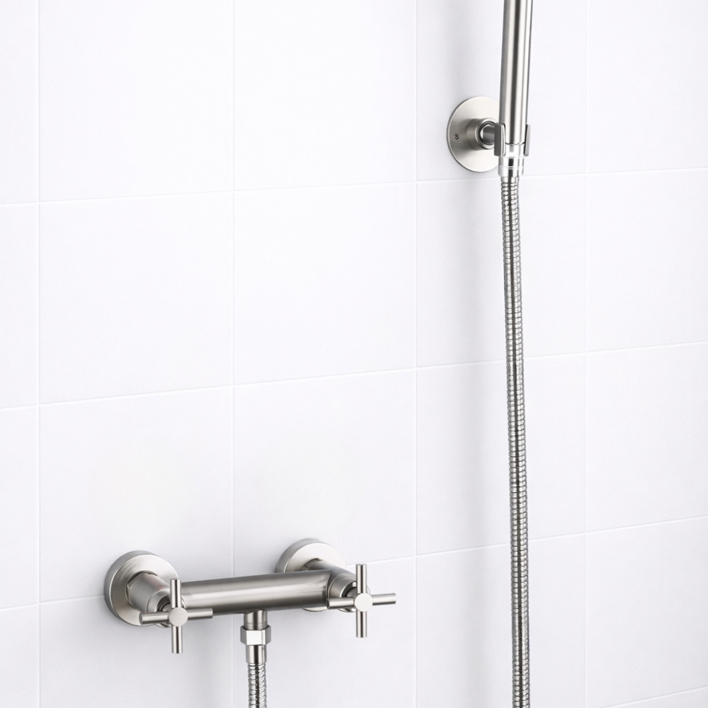 Inoxa Cross – Mitigeur de douche mural en inox 304 brossé à poignées croisées