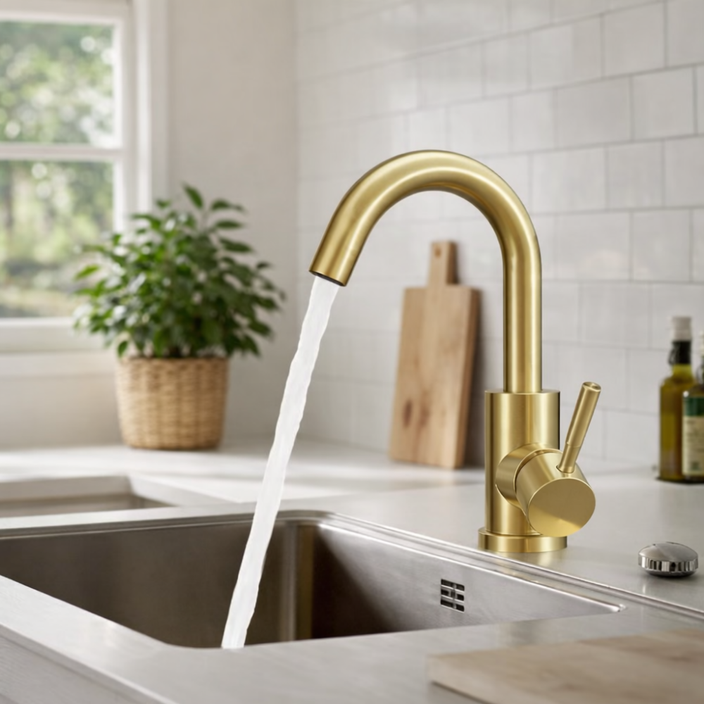 Auréa Curve – Mitigeur lavabo dorée design à bec courbé