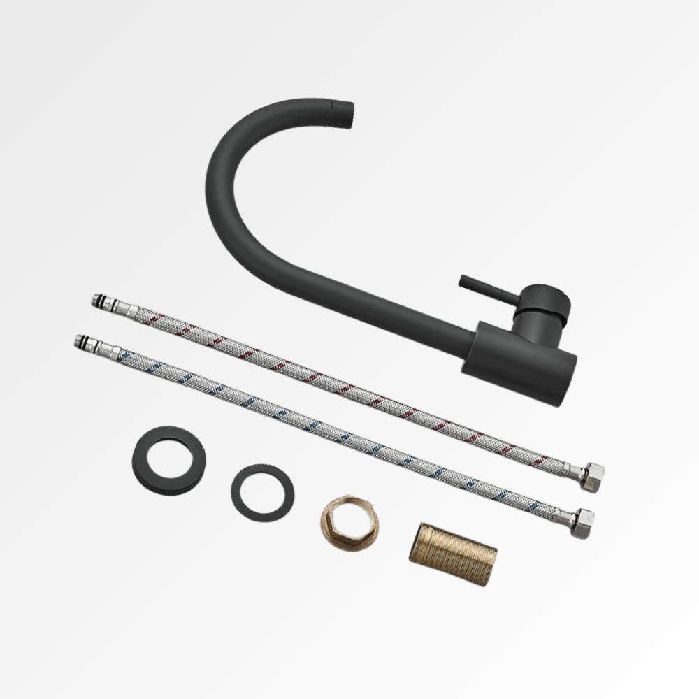 NoirArc Flow - Mitigeur cuisine noir mat col haut pivotant 360°