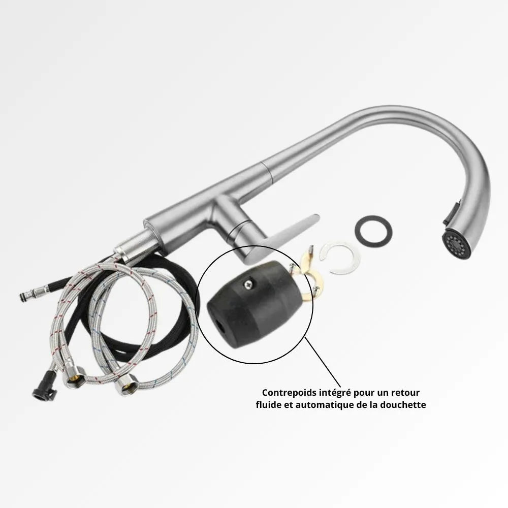 StealthArc Flow – Mitigeur cuisine télescopique chromé avec douchette intégrée