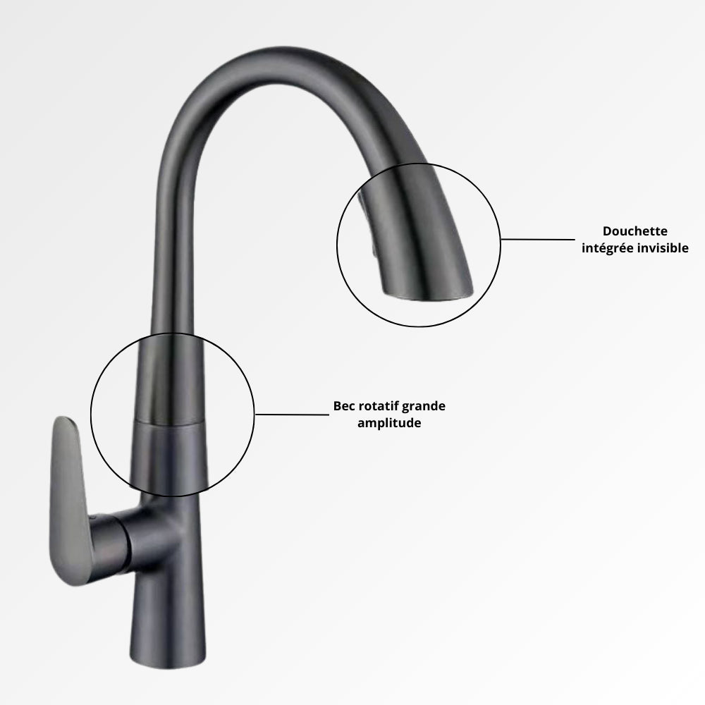 StealthArc Flow – Mitigeur cuisine télescopique en acier brossé avec douchette intégrée