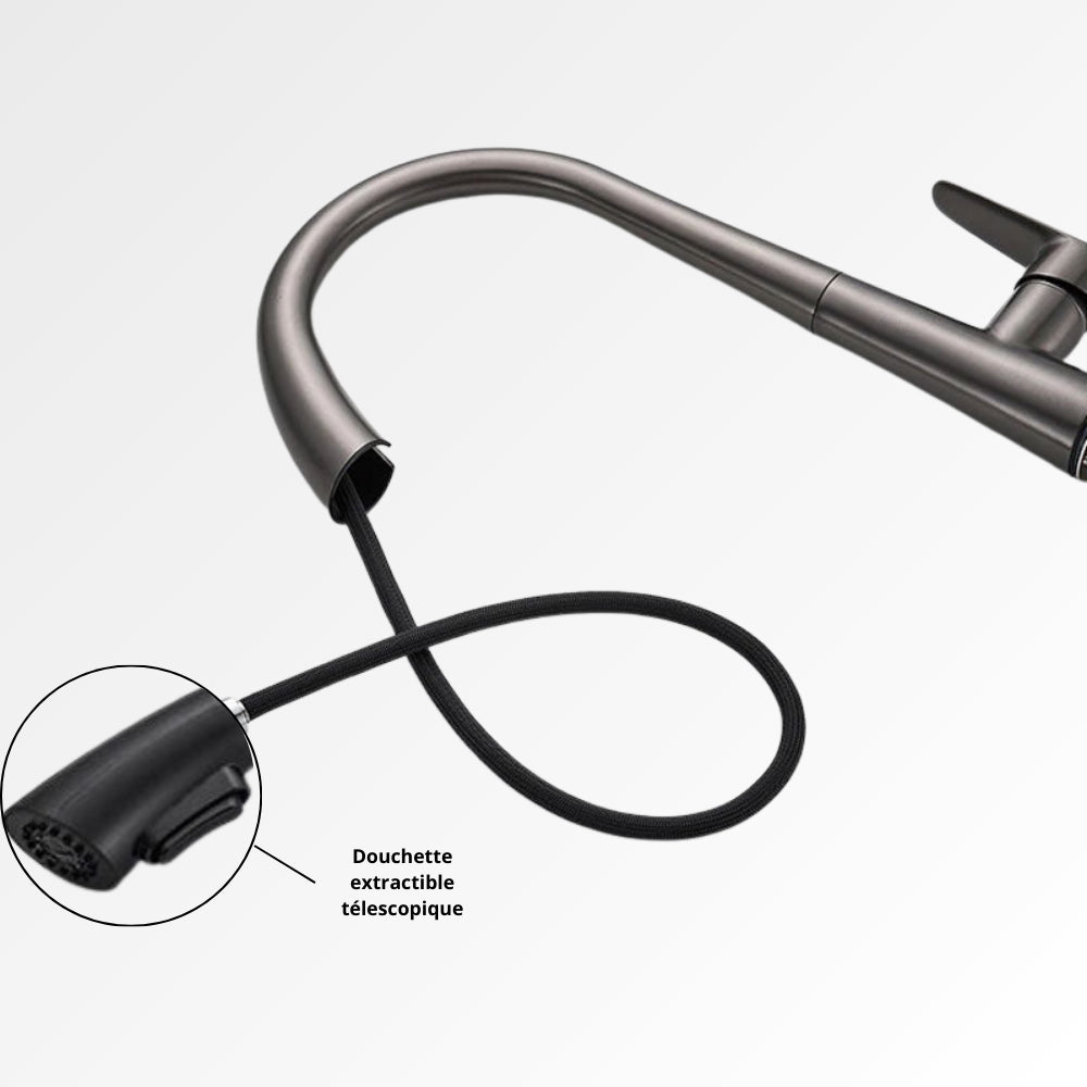 StealthArc Flow – Mitigeur cuisine télescopique en acier brossé avec douchette intégrée