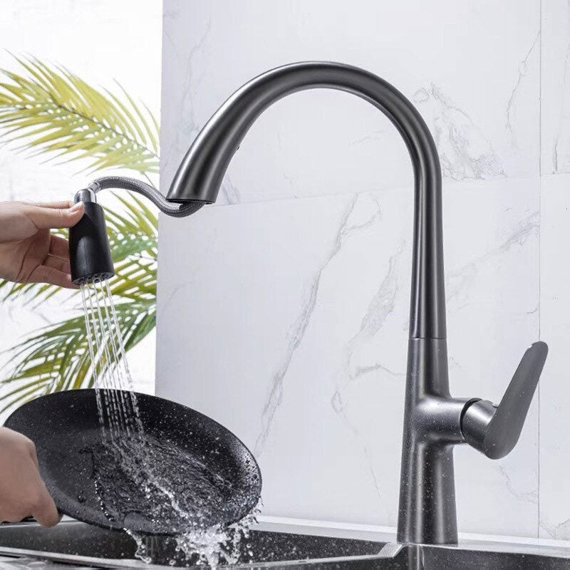 StealthArc Flow – Mitigeur cuisine télescopique en acier brossé avec douchette intégrée