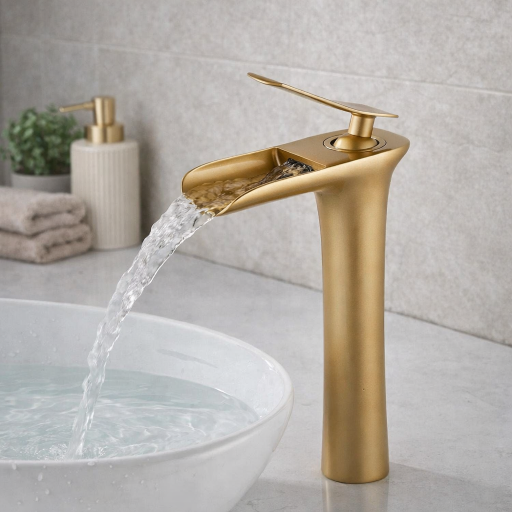 Purea Cascade Tall – Mitigeur lavabo cascade doré pour vasque