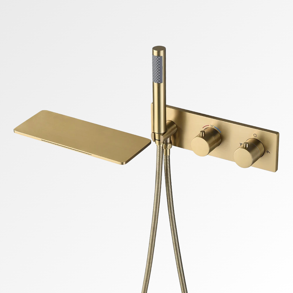 Auréa Cascade Pro – Ensemble bain-douche mural avec cascade et douchette disponible en doré, acier brossé ou noir