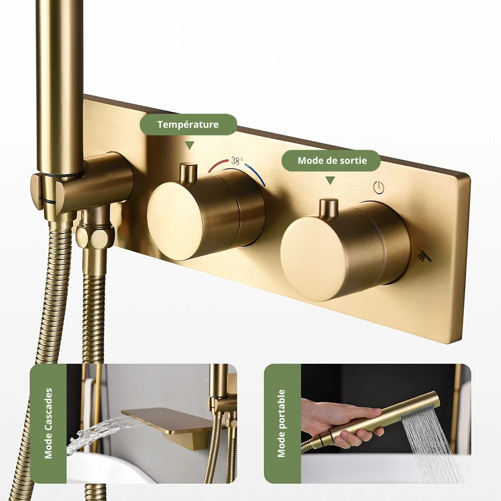 Auréa Cascade Pro – Ensemble bain-douche mural avec cascade et douchette disponible en doré, acier brossé ou noir