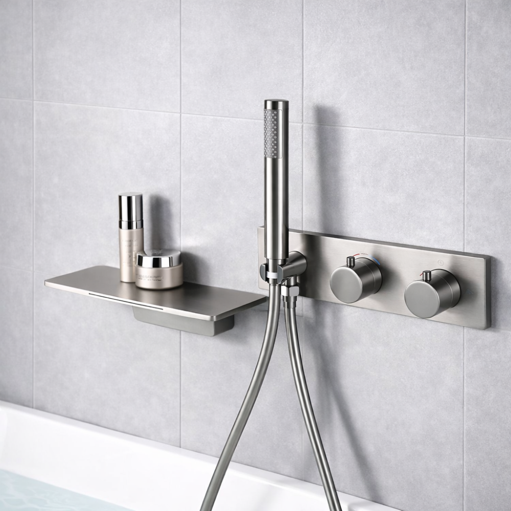 Auréa Cascade Pro – Ensemble bain-douche mural avec cascade et douchette disponible en doré, acier brossé ou noir