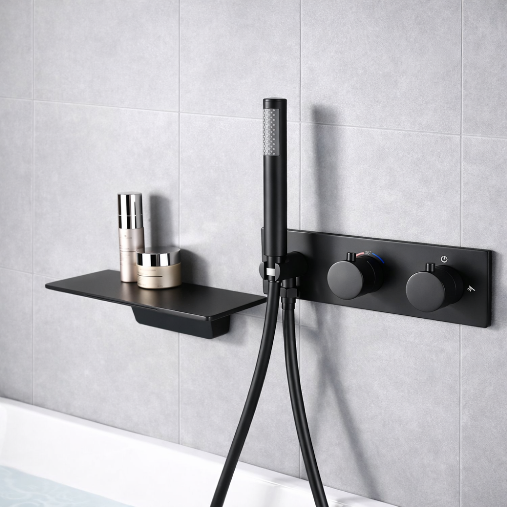 Auréa Cascade Pro – Ensemble bain-douche mural avec cascade et douchette disponible en doré, acier brossé ou noir