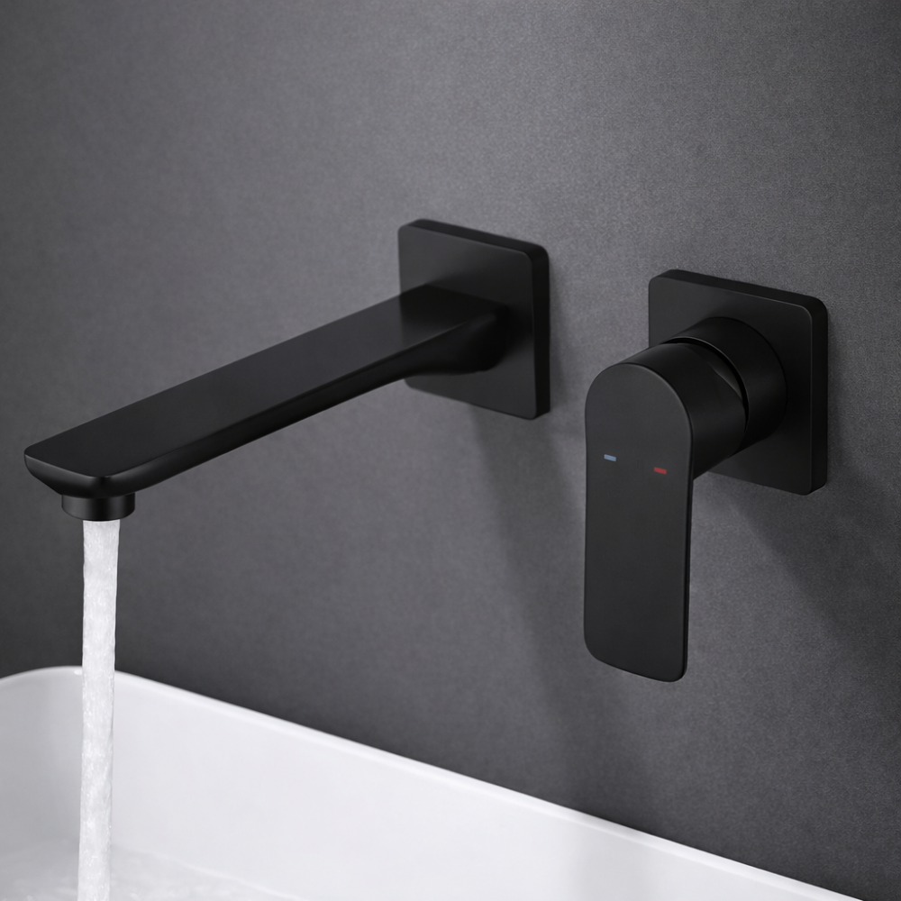 Graphite Wall – Mitigeur lavabo mural encastré finition doré, blanc, acier brossé ou noir