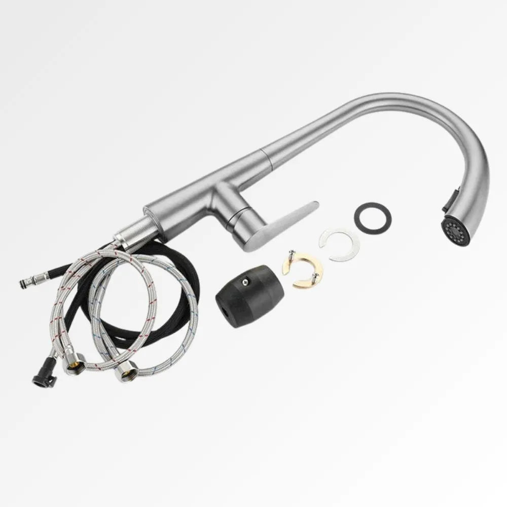 StealthArc Flow – Mitigeur cuisine télescopique chromé avec douchette intégrée