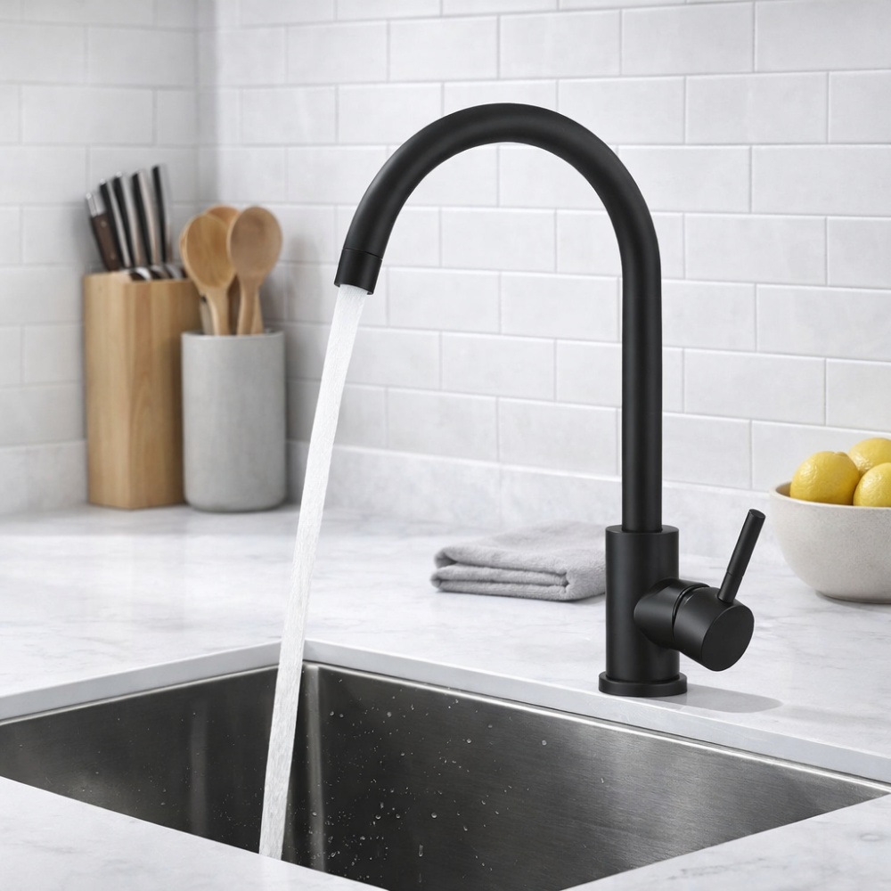 NoirArc Flow - Mitigeur cuisine noir mat col haut pivotant 360°