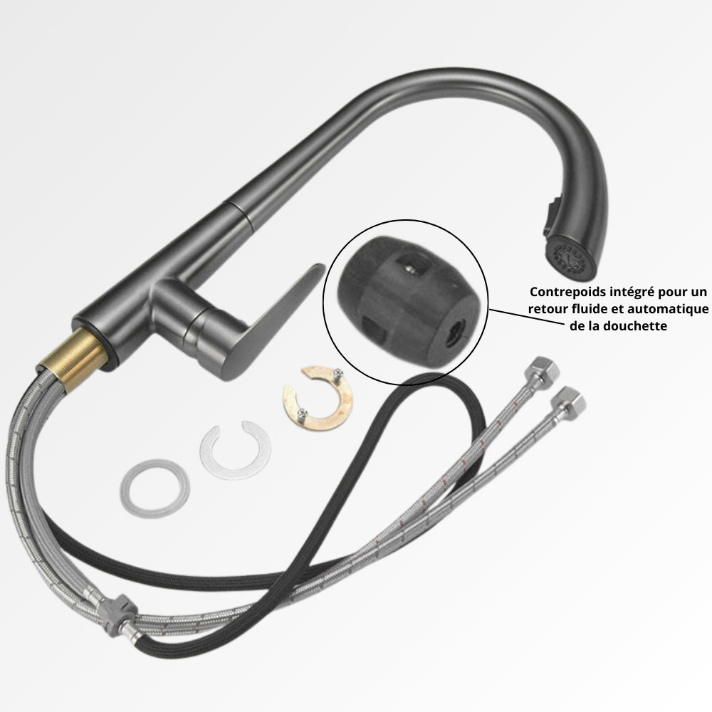 StealthArc Flow – Mitigeur cuisine télescopique en acier brossé avec douchette intégrée