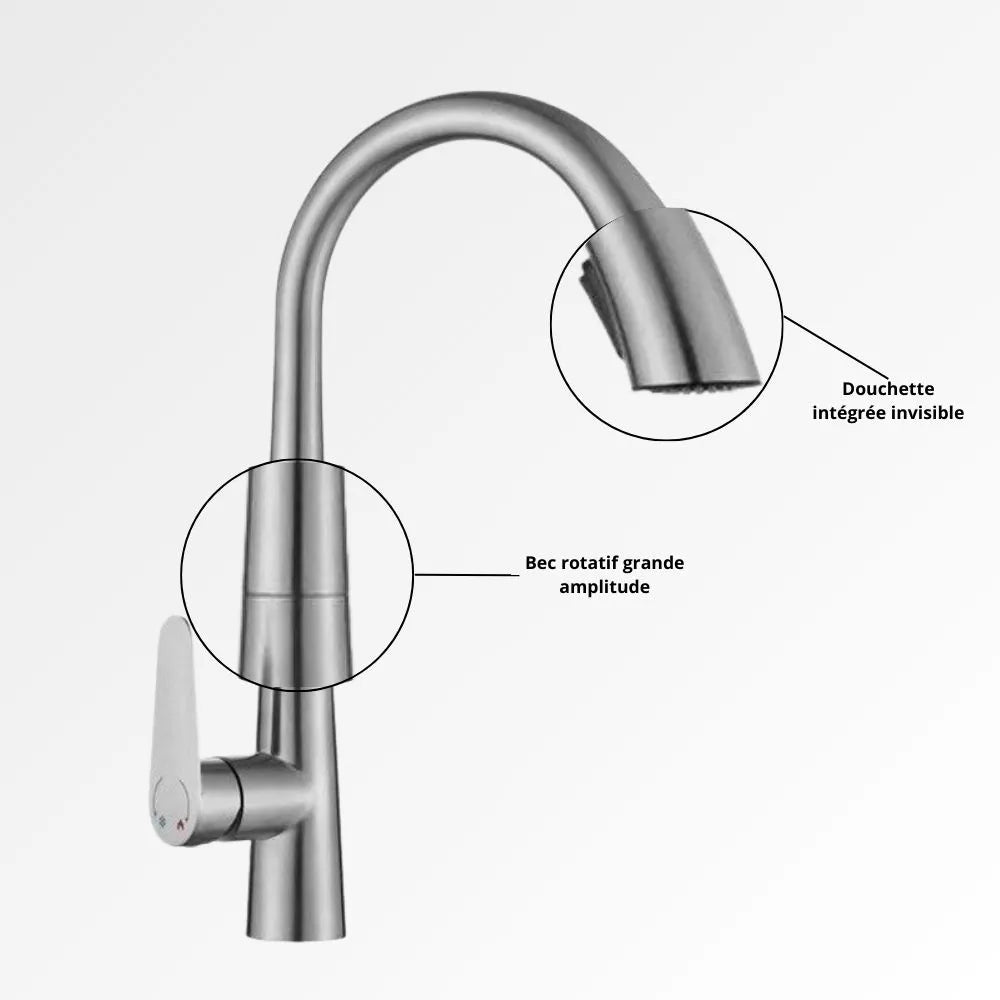 StealthArc Flow – Mitigeur cuisine télescopique chromé avec douchette intégrée