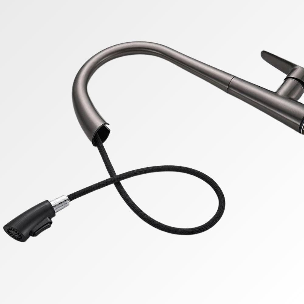 StealthArc Flow – Mitigeur cuisine télescopique en acier brossé avec douchette intégrée